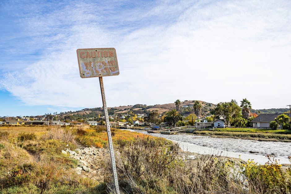 Countryside scene with a weathered caution sign near a river and houses.