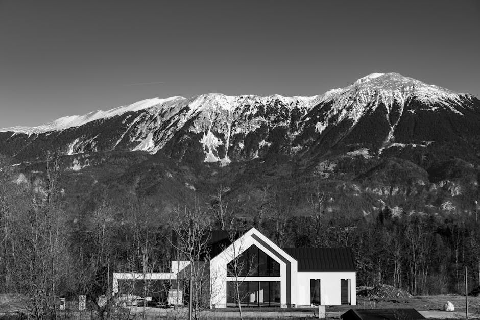 Black and white photo of a modern house with Slovenian mountains in the background.