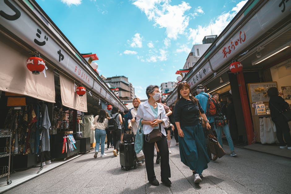 Explore a bustling shopping street in Tokyo, capturing the essence of Japanese culture and daily life.