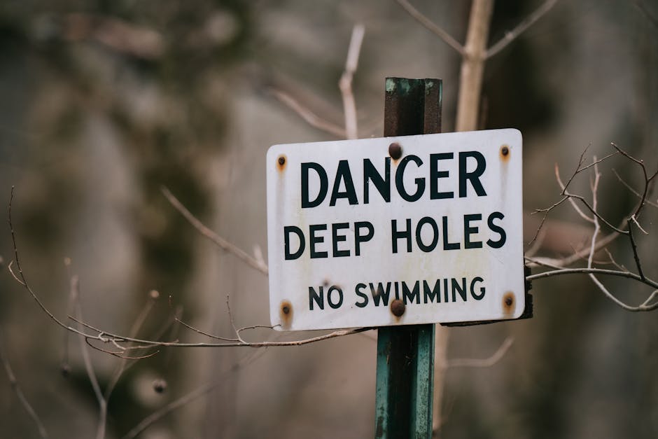 Close-up of a warning sign against swimming due to deep holes, surrounded by dry branches.