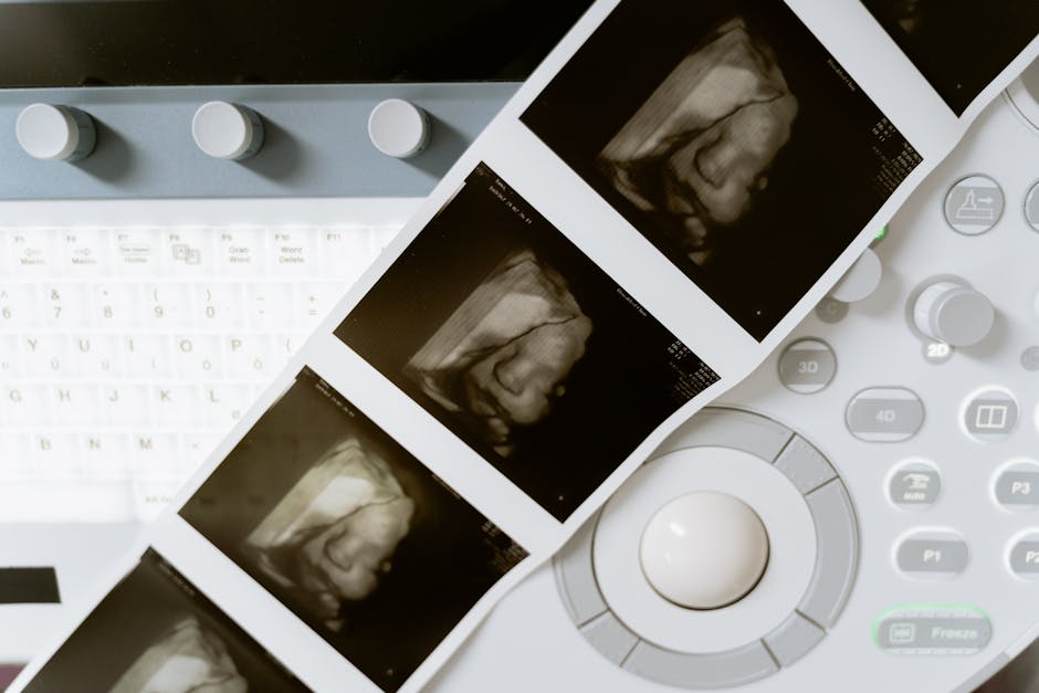 Close-up of a 3D ultrasound scan printout and medical equipment in a health lab.