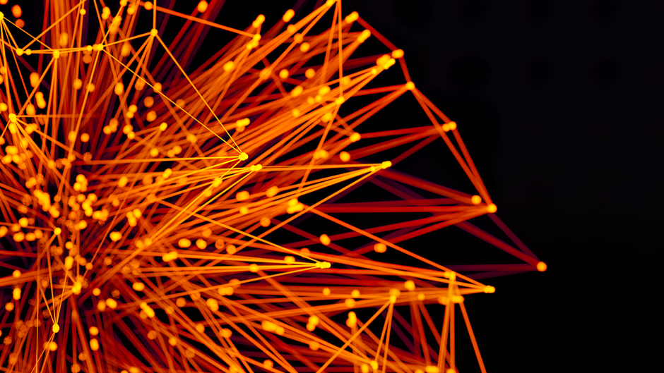 Vibrant orange lines and dots form an abstract network on a dark background, evoking technology and connectivity.