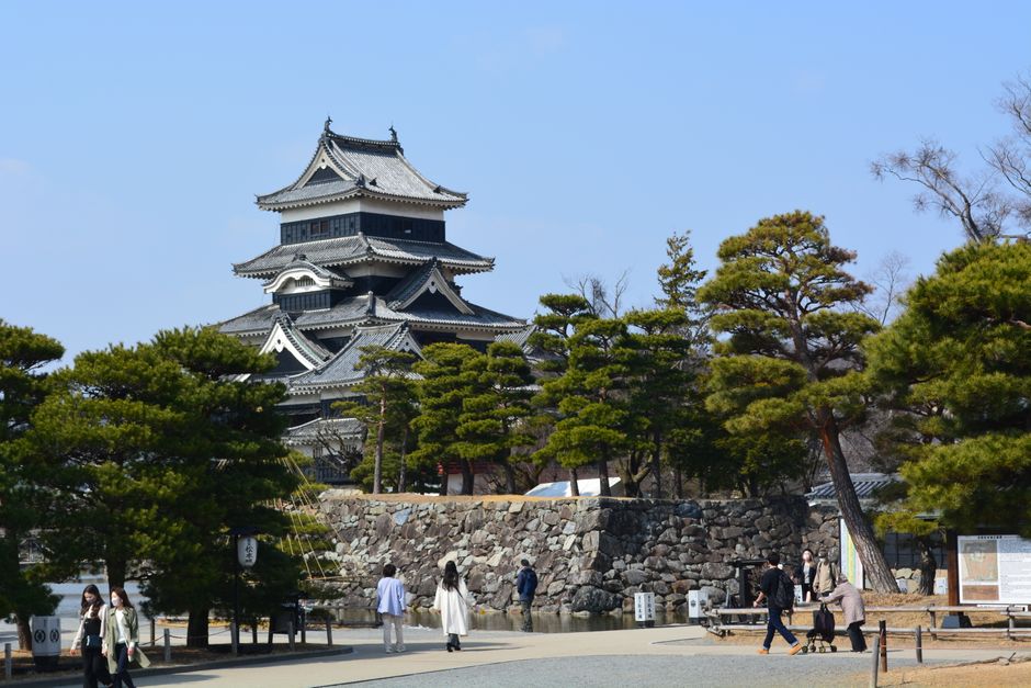 A beautiful view of a traditional Japanese castle surrounded by trees and visitors.