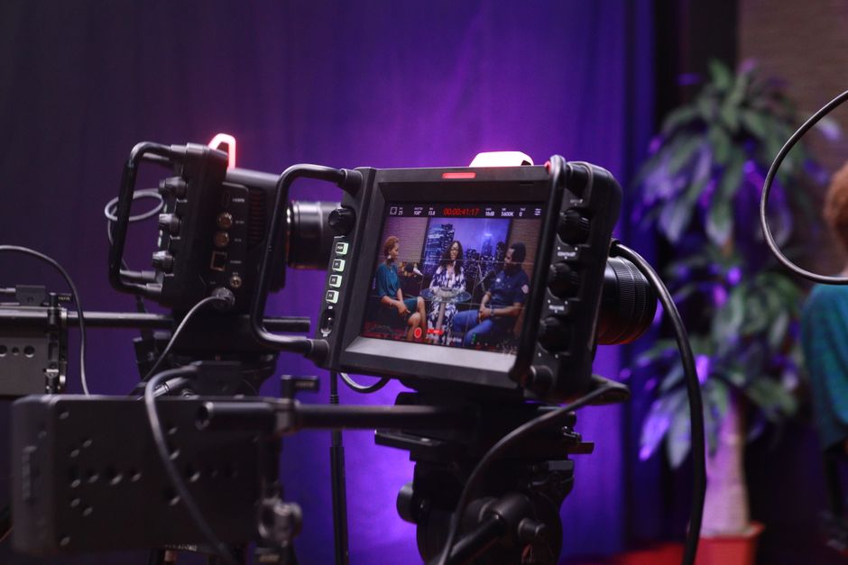 Capture of a video interview scene with professional camera equipment.