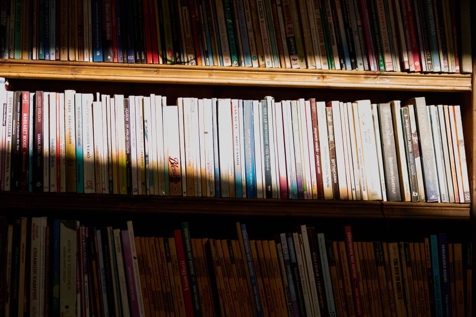 A library bookshelf bathed in sunlight casting shadows on rows of books.