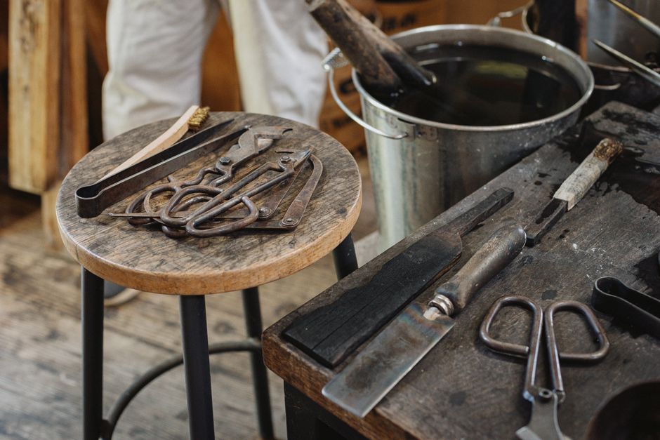 Closeup of traditional glassblowing tools in a workshop in Nagano, Japan.