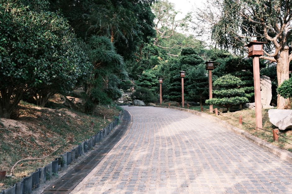 Peaceful garden path lined with trees and lanterns, offering a serene outdoor escape.