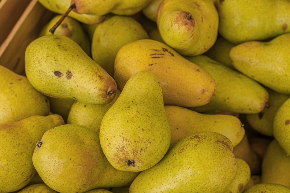 A pile of fresh green pears in a wooden crate, showcasing a vivid and natural appearance.