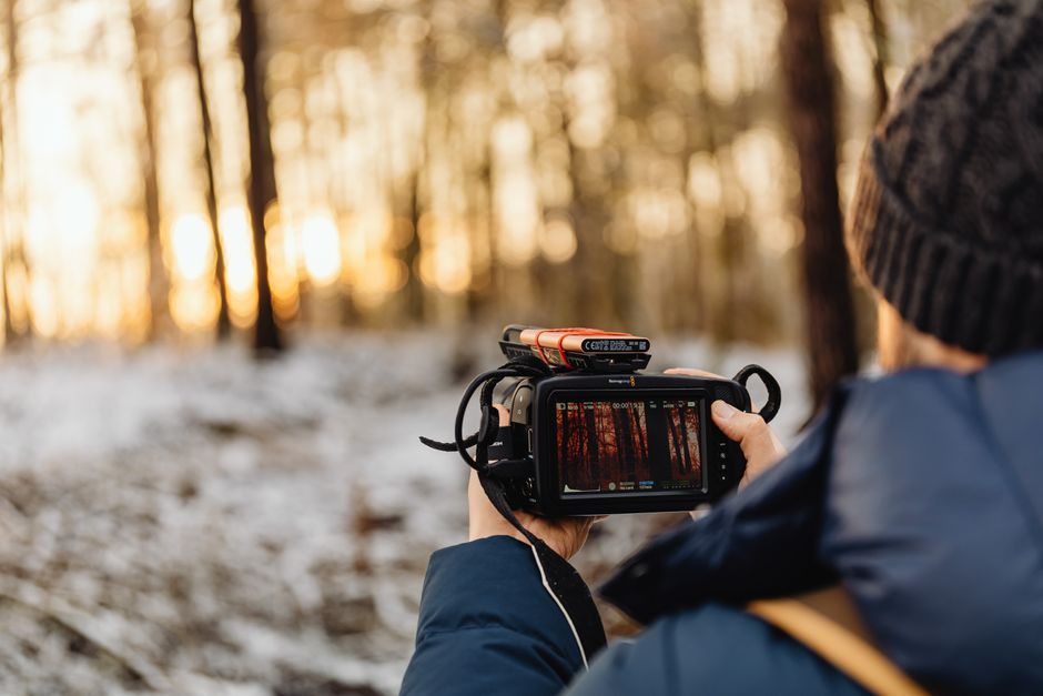 A person photographs a snow-covered forest during a winter sunset.